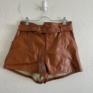 High Waist Brown Leather Shorts with Belt